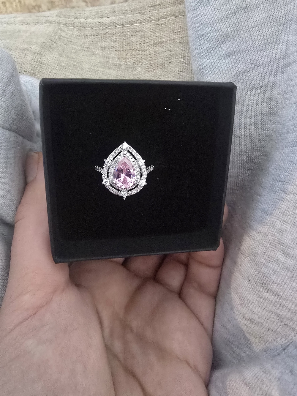 Sterling Silver Teardrop Ring with Pink Center Stone
